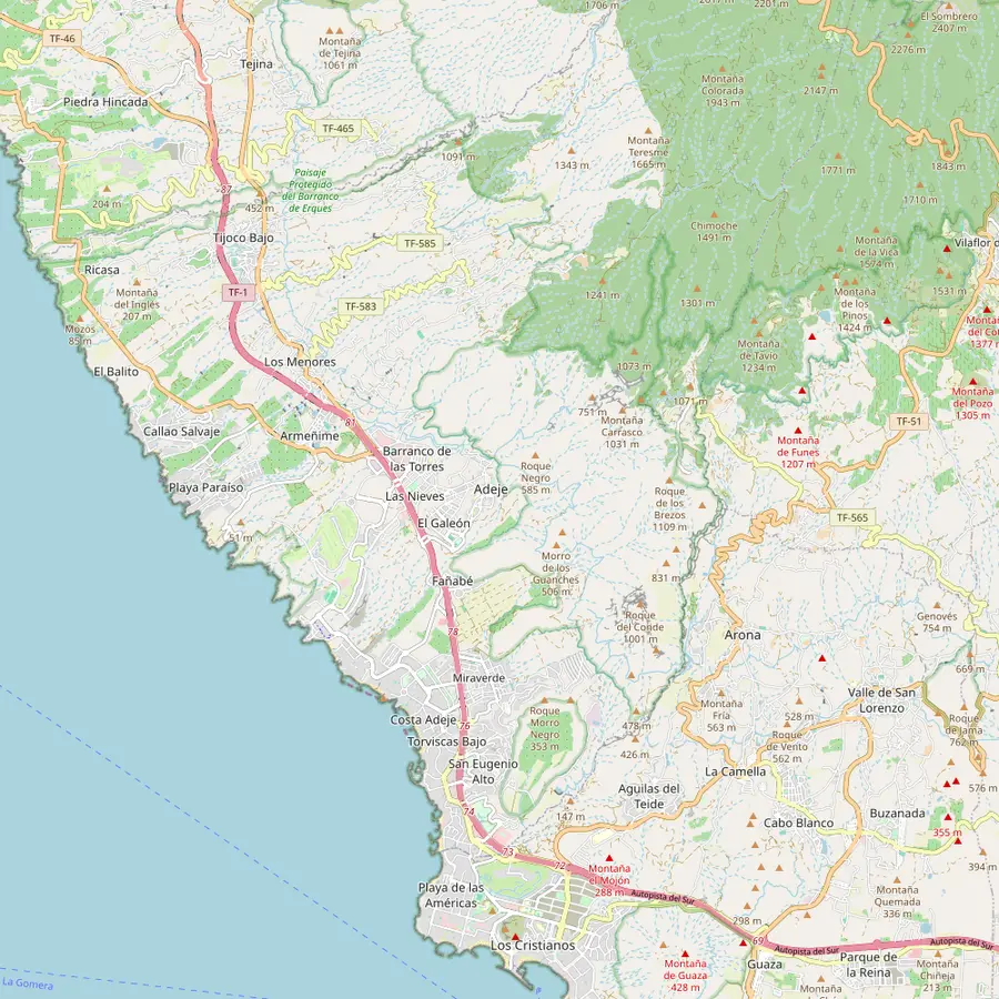 Karte des Südwestens von Teneriffa mit Taucho, Ifonche und Costa Adeje